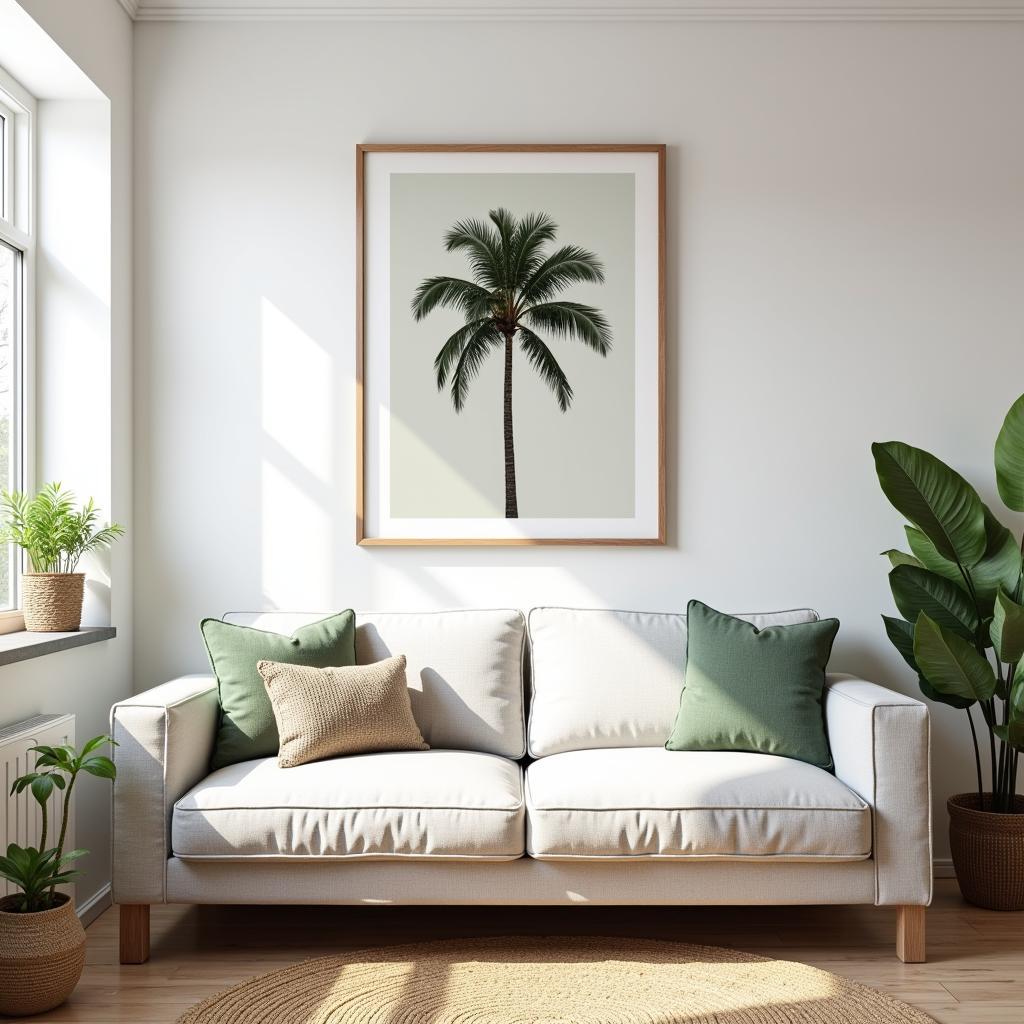 Framed palm tree art in a living room setting