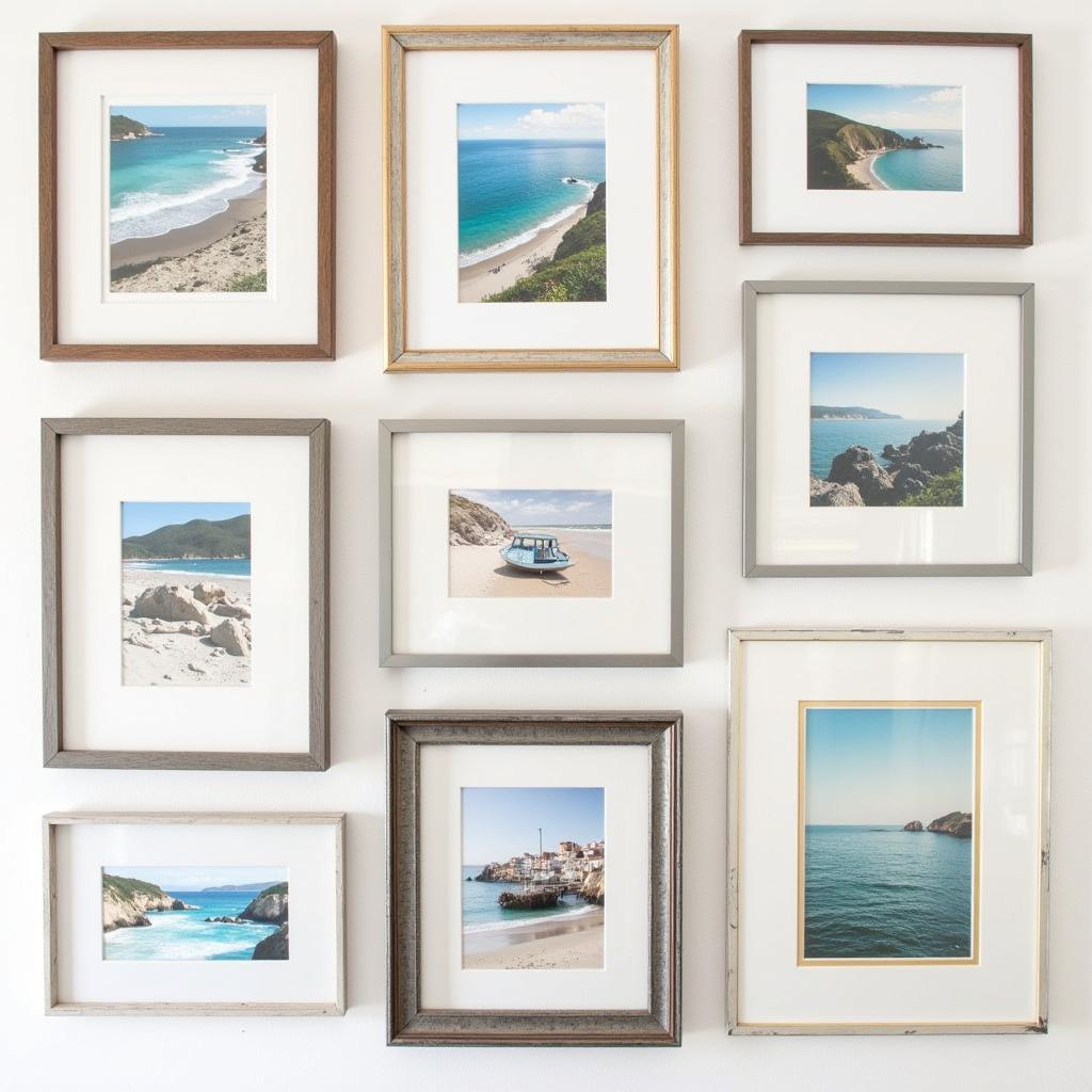 Different framing options for seaside wall art, showcasing various frame materials and styles, from natural wood to sleek metal, demonstrating how frames can complement and enhance the artwork.