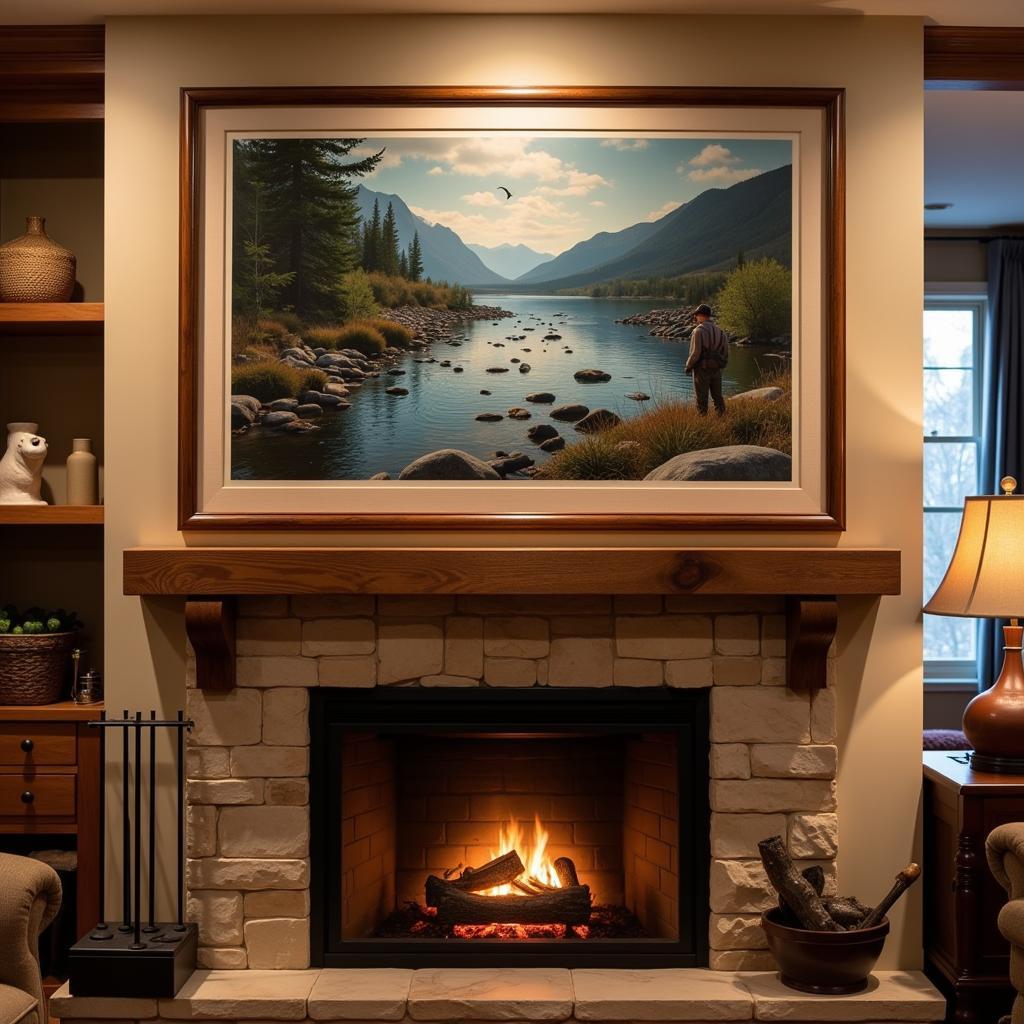 Framed trout fishing print in a living room