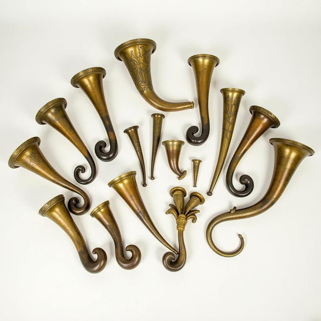 A Collection of French Art Nouveau Car Horns: Displaying a variety of horns with different designs and motifs.