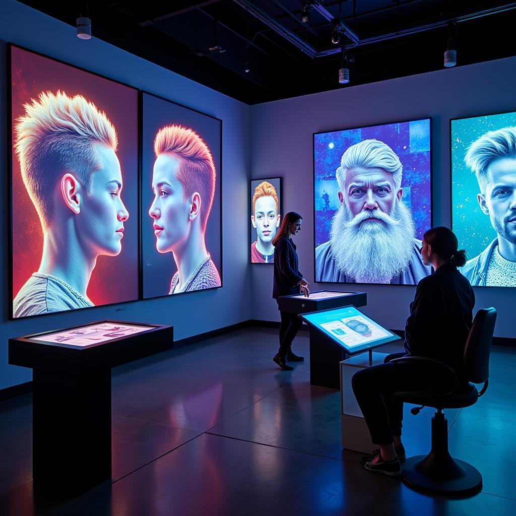 Future Barber Center Art Show with Interactive Digital Art: A futuristic art show incorporating digital art installations and interactive experiences, blending traditional barbering with cutting-edge technology.