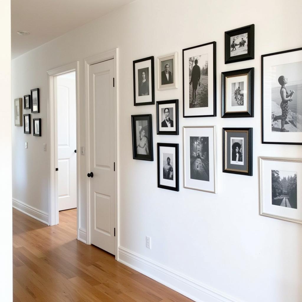 Gallery wall featuring framed black and white photography prints.