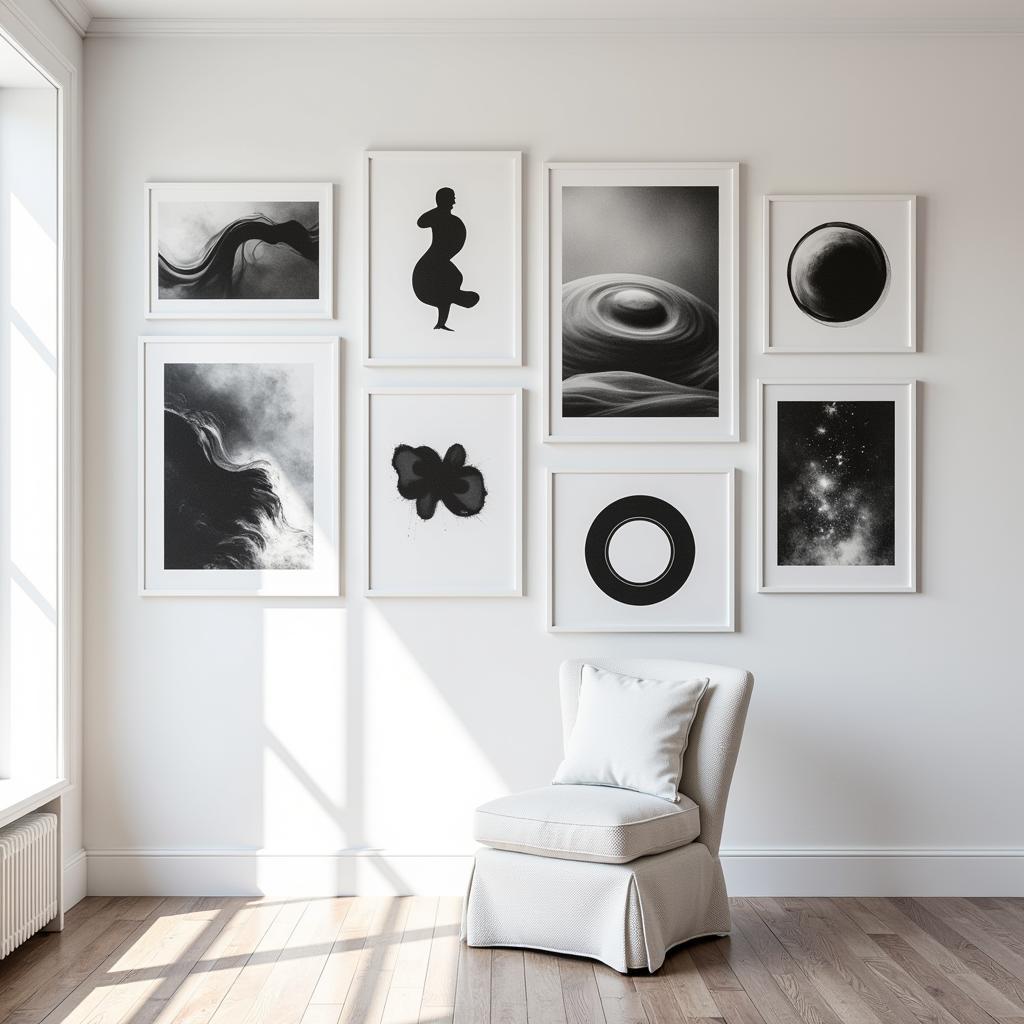 Gallery wall featuring black and white abstract prints