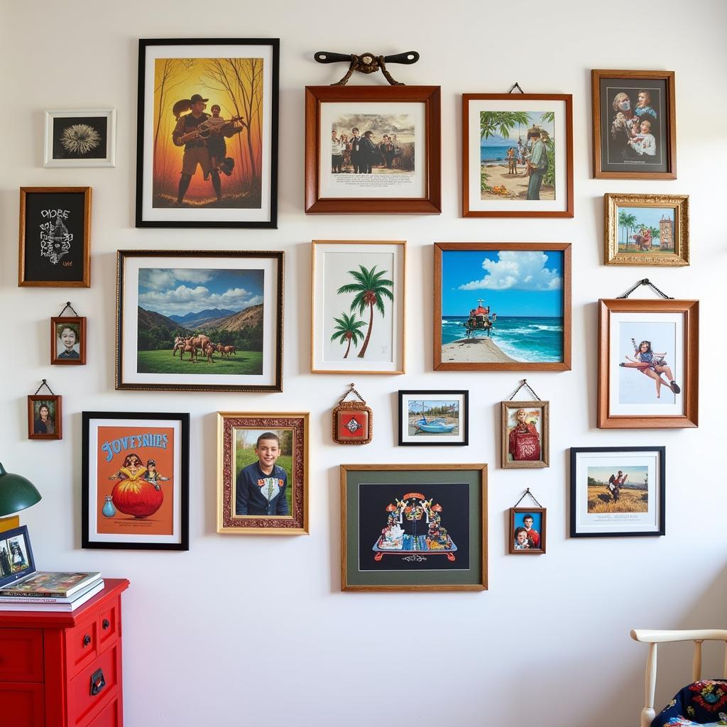 Gallery wall in a boy's room with various themes