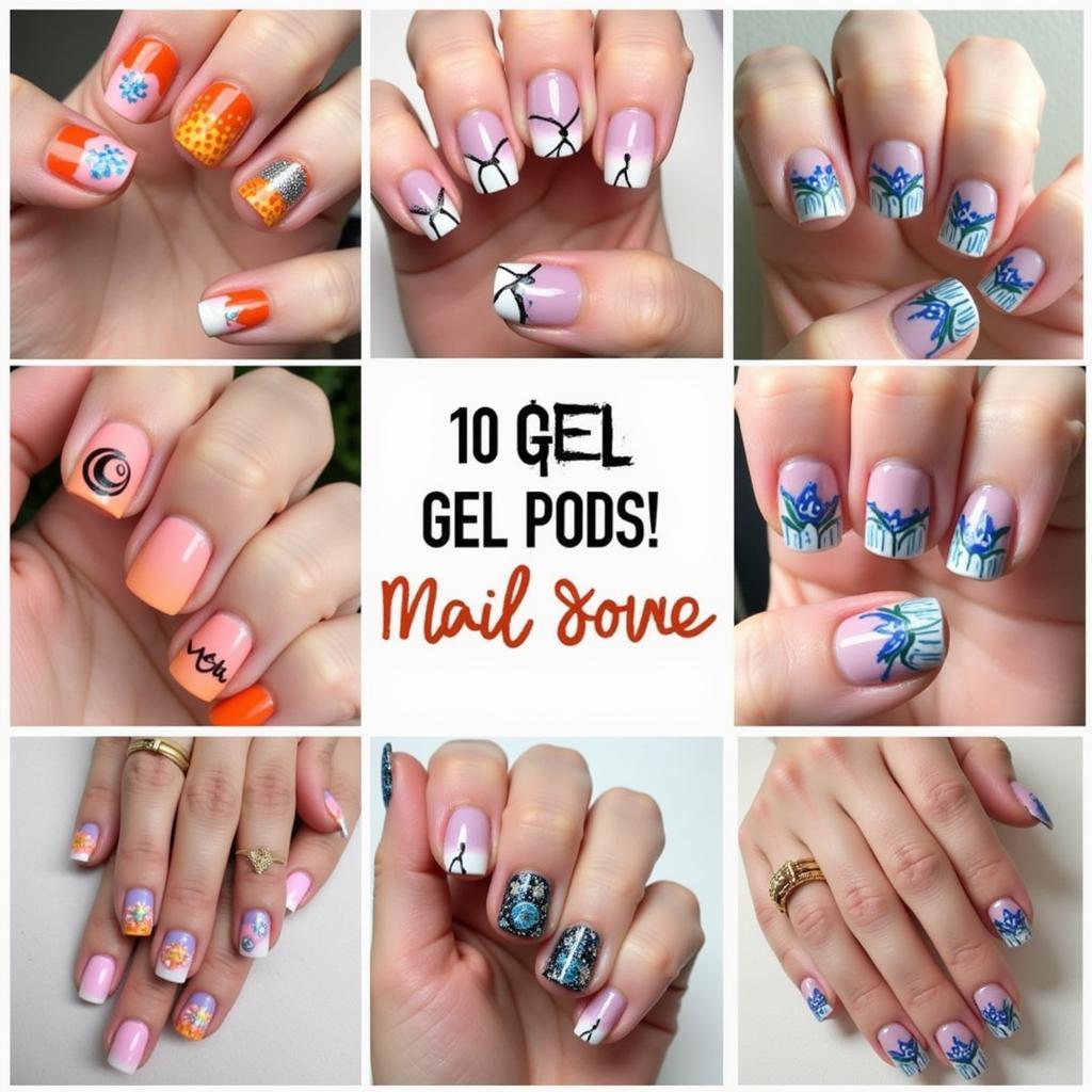 Various nail art designs created with gel pods