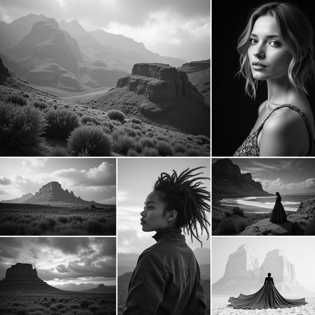 Examples of different genres in art photography books: landscape, portrait, abstract.