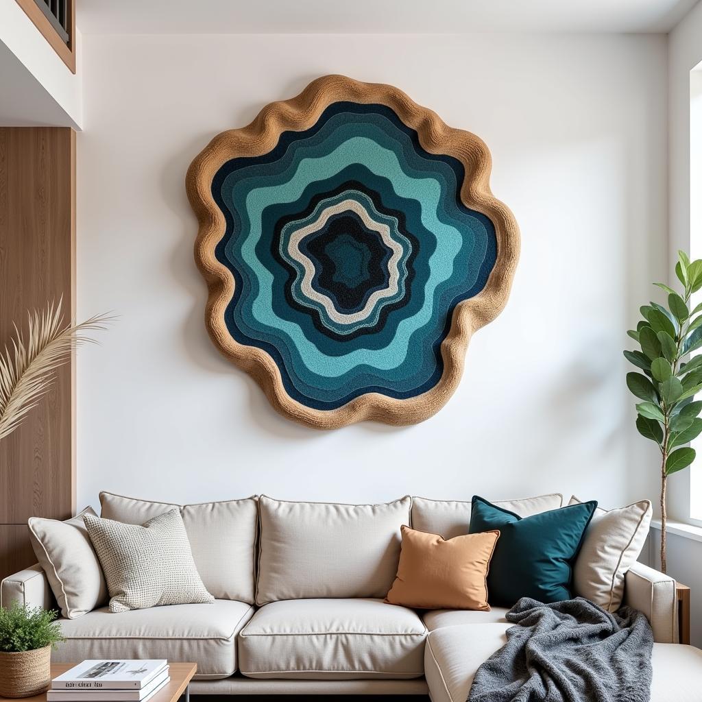 A large geode fiber art piece displayed as a focal point in a modern living room.