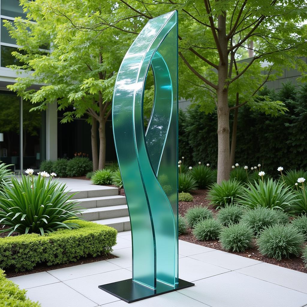 Modern glass sculpture in a contemporary garden setting, reflecting the surrounding greenery and adding an artistic element.