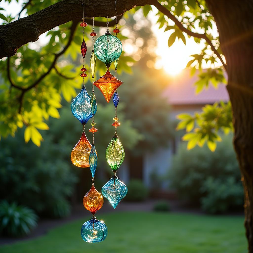 Delicate glass wind chimes hanging from a tree branch, gently swaying in the breeze