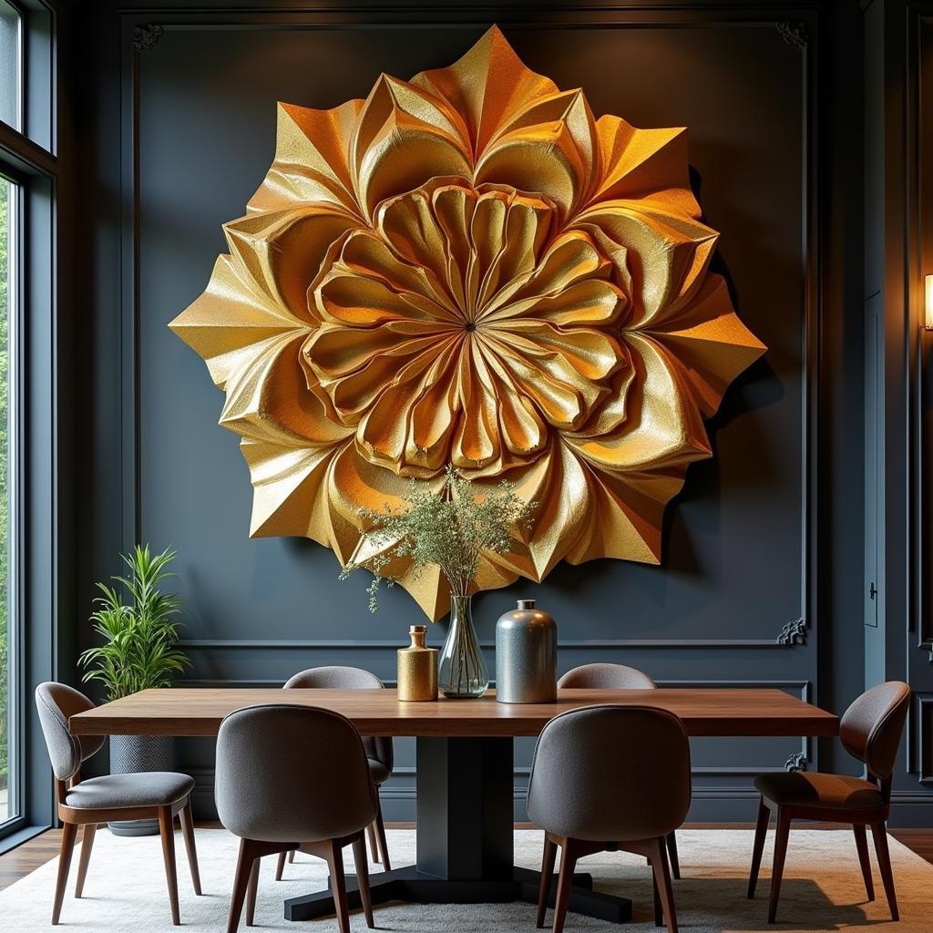 Gold Leaf Sculptural Wall Art: A three-dimensional wall sculpture made of gold leaf, creating a dramatic focal point in a dining room with dark walls.