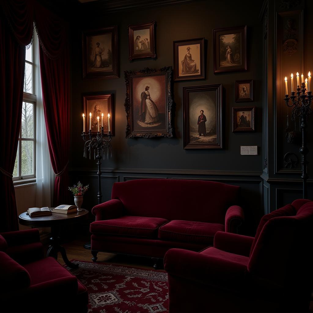 A dimly lit room decorated with gothic art prints, featuring dark furniture, velvet curtains, and ornate details, creating a dark romantic atmosphere.