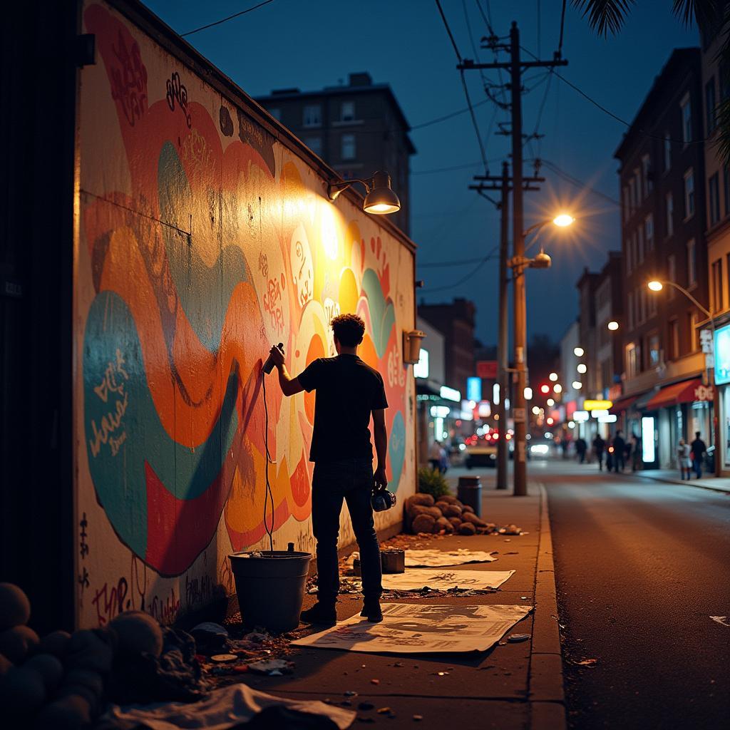 Graffiti Artist Creating Abstract Mural