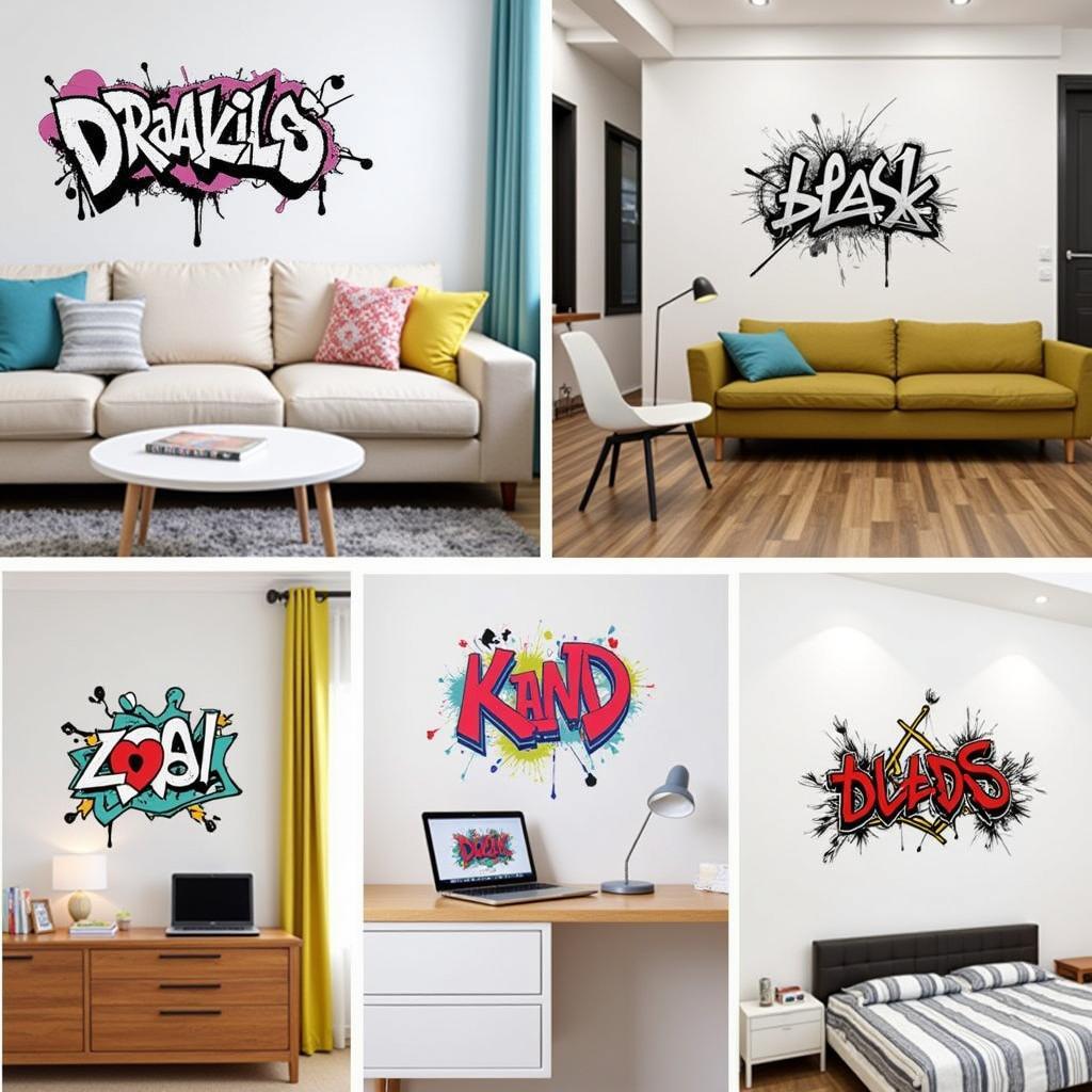 Graffiti stickers applied in various interior design settings