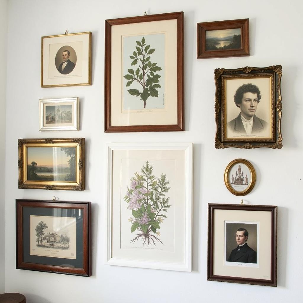 A grandmillennial style gallery wall with a variety of framed artwork, including botanical prints, portraits, and landscapes.