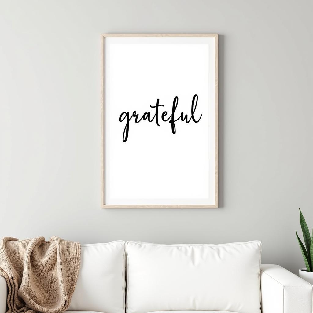 Typography-based grateful wall art in a minimalist living room