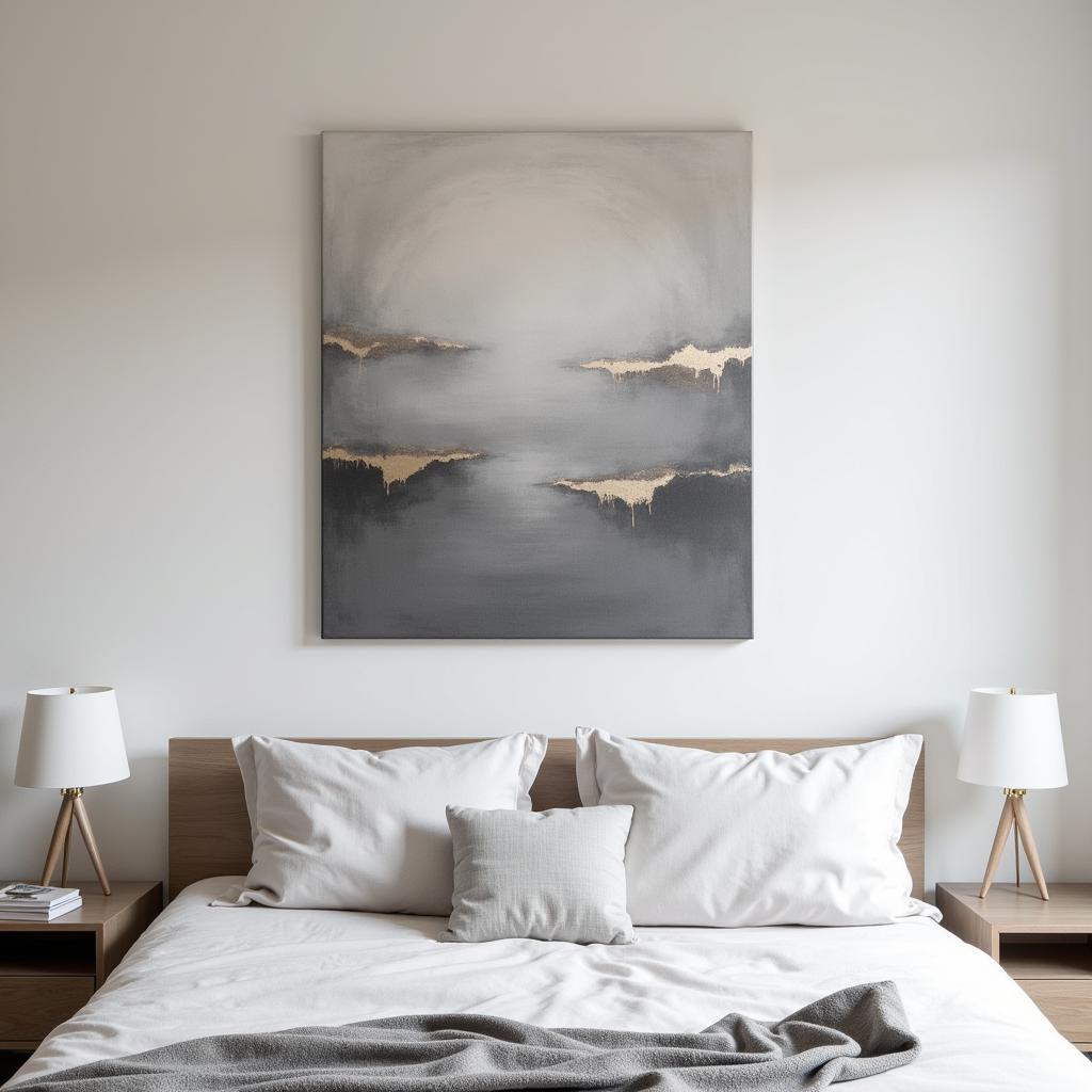 Abstract grey canvas art hung above a bed in a modern bedroom