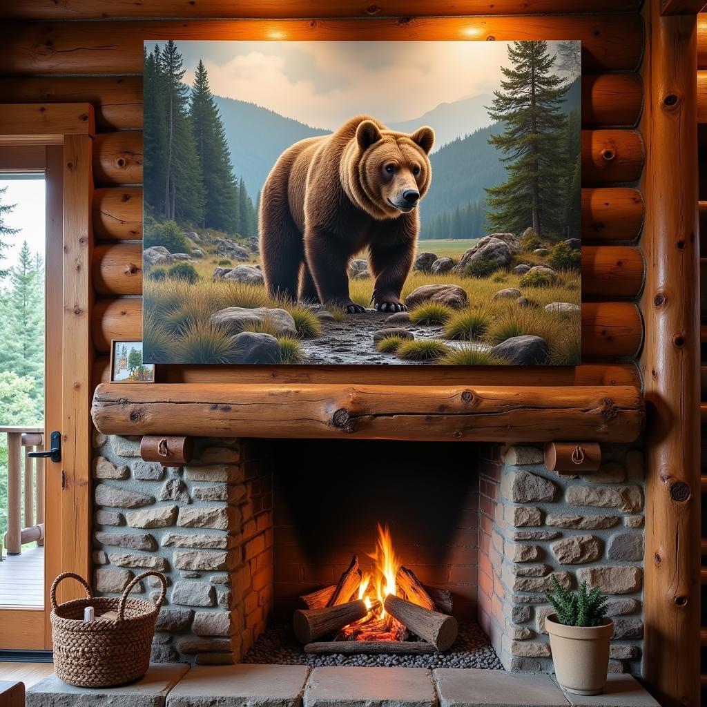 Grizzly Bear Art Print in Rustic Cabin