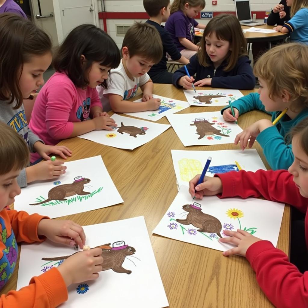 Children Drawing Groundhogs for Groundhogs Day