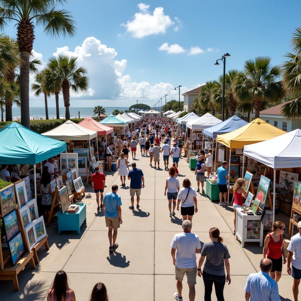 Vibrant scene of artists showcasing their work and attendees engaging with art at the Gulf Breeze Arts Festival.