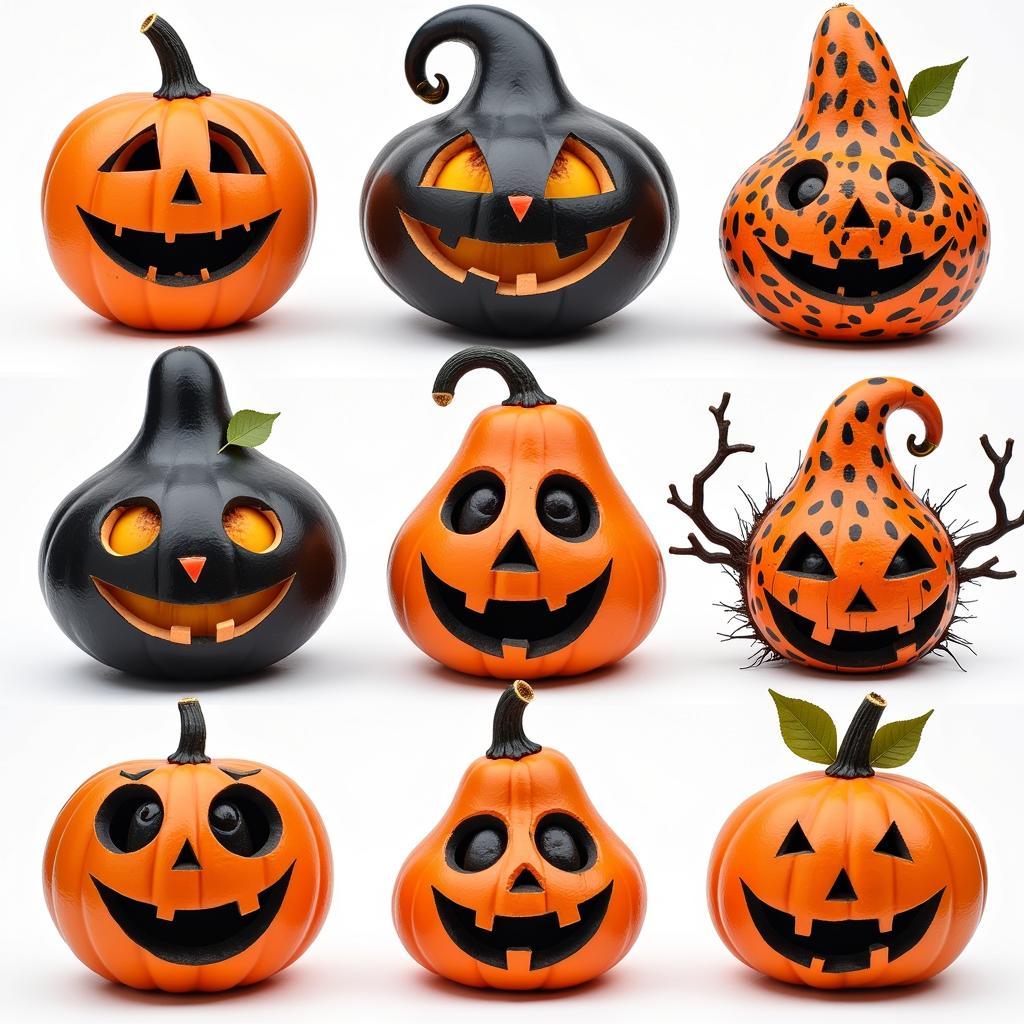 Halloween Gourd Art Ideas: A variety of decorated gourds showcasing different techniques, from painting and carving to embellishing with natural materials.