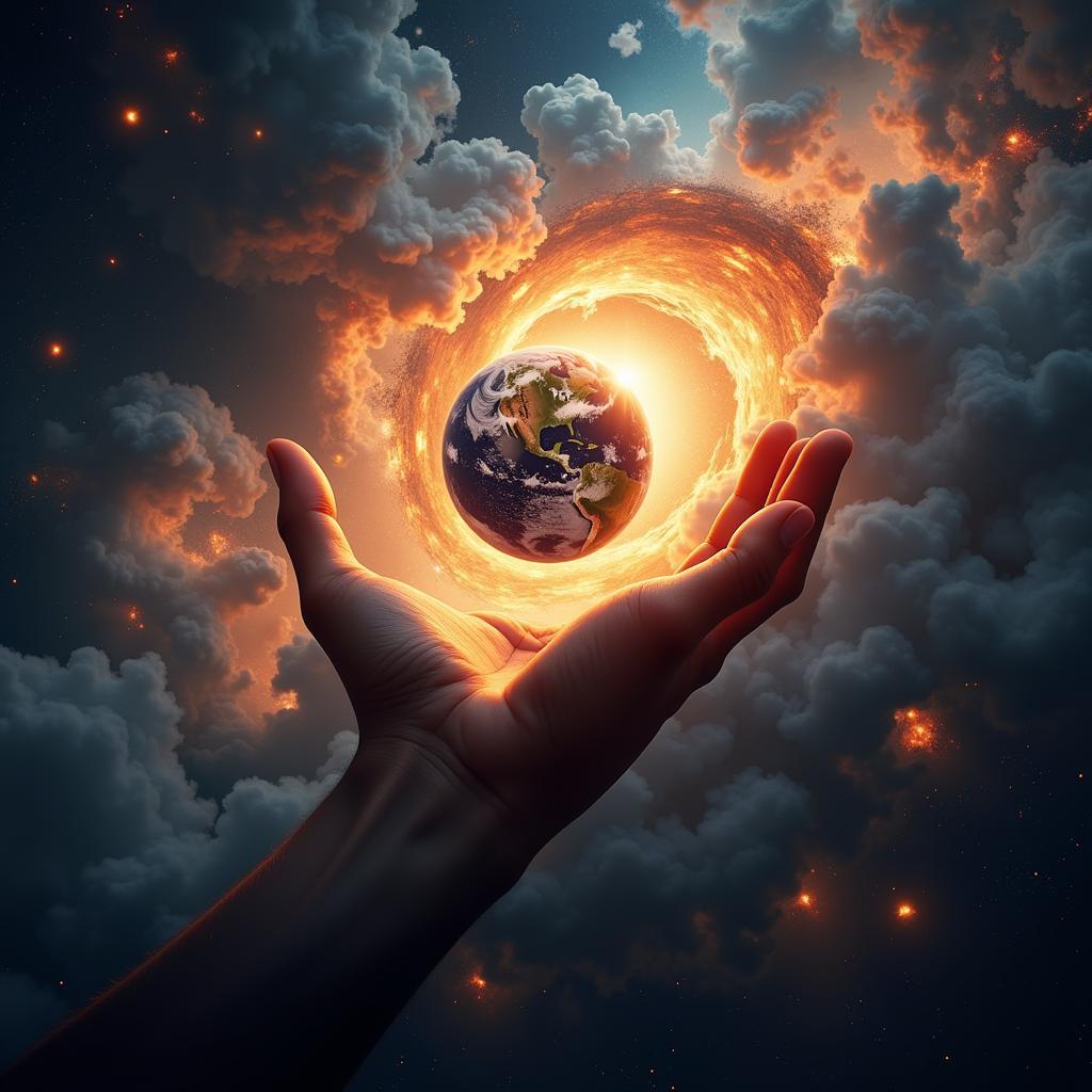 3D render of the Hand of God creating a planet