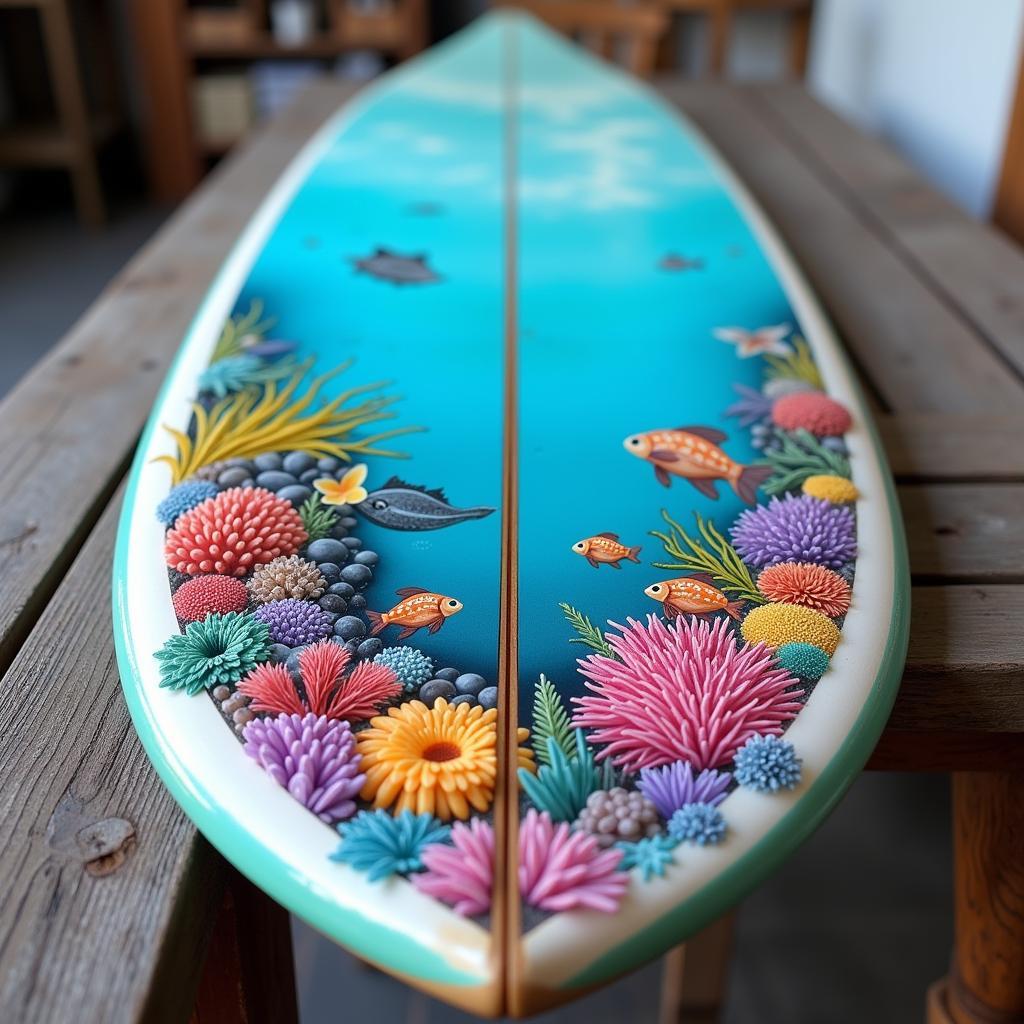 Hand painted surfboard with an ocean-inspired design