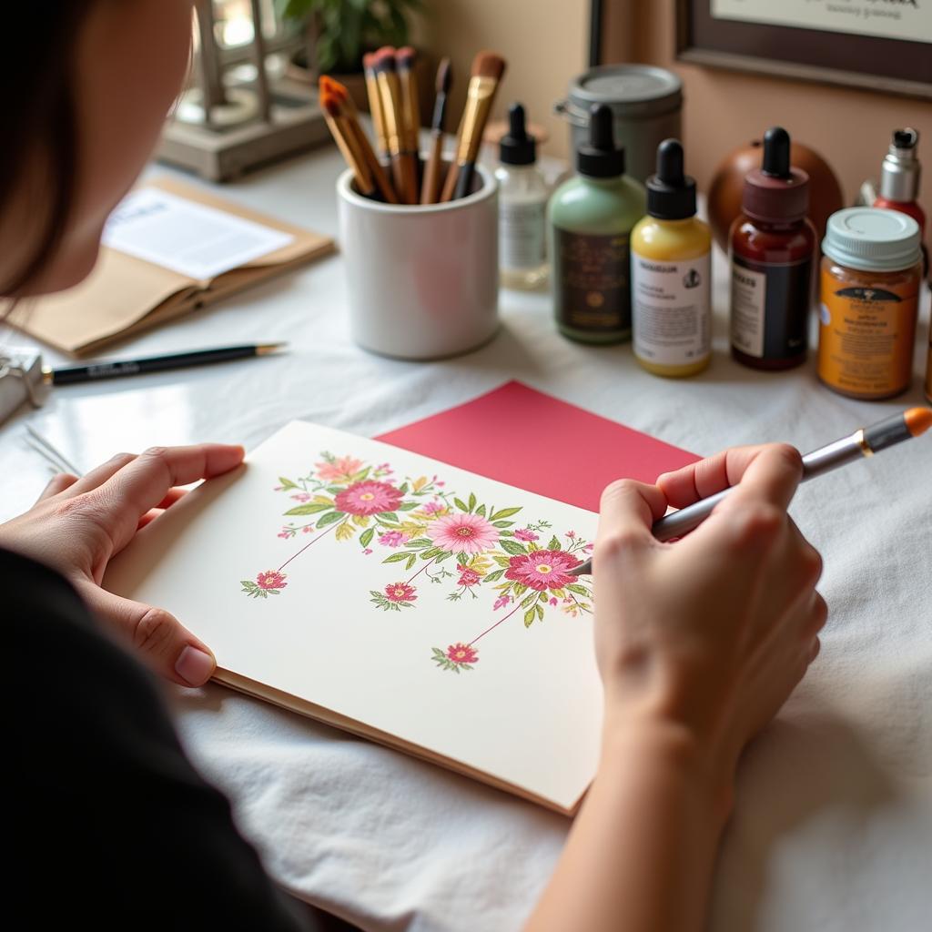 A close-up shot of an artist's hands creating an original art greeting card, showcasing the intricate details and the personal touch involved in the process.