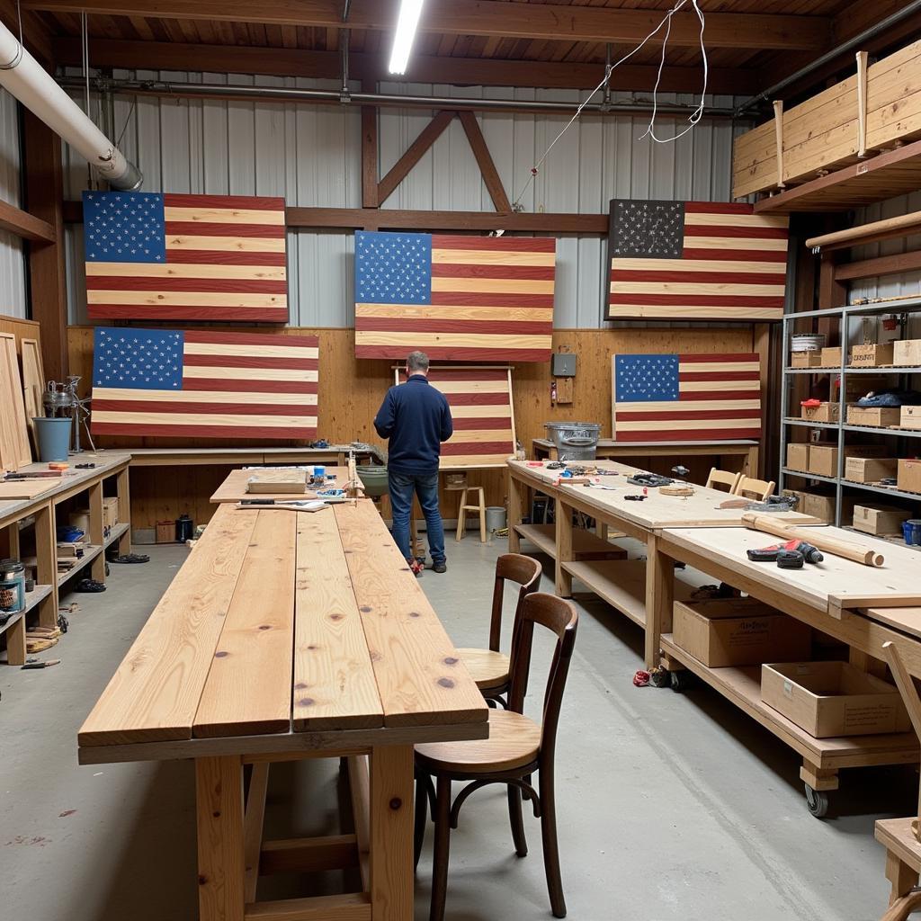 Handmade Wooden USA Flag Wall Art in a Workshop