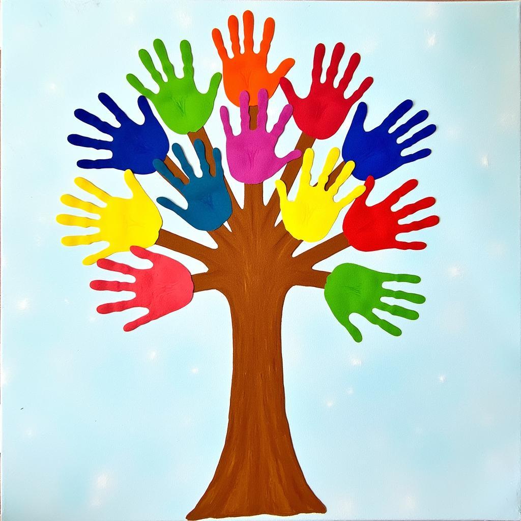 A handprint tree teacher gift with colorful handprints forming the leaves.