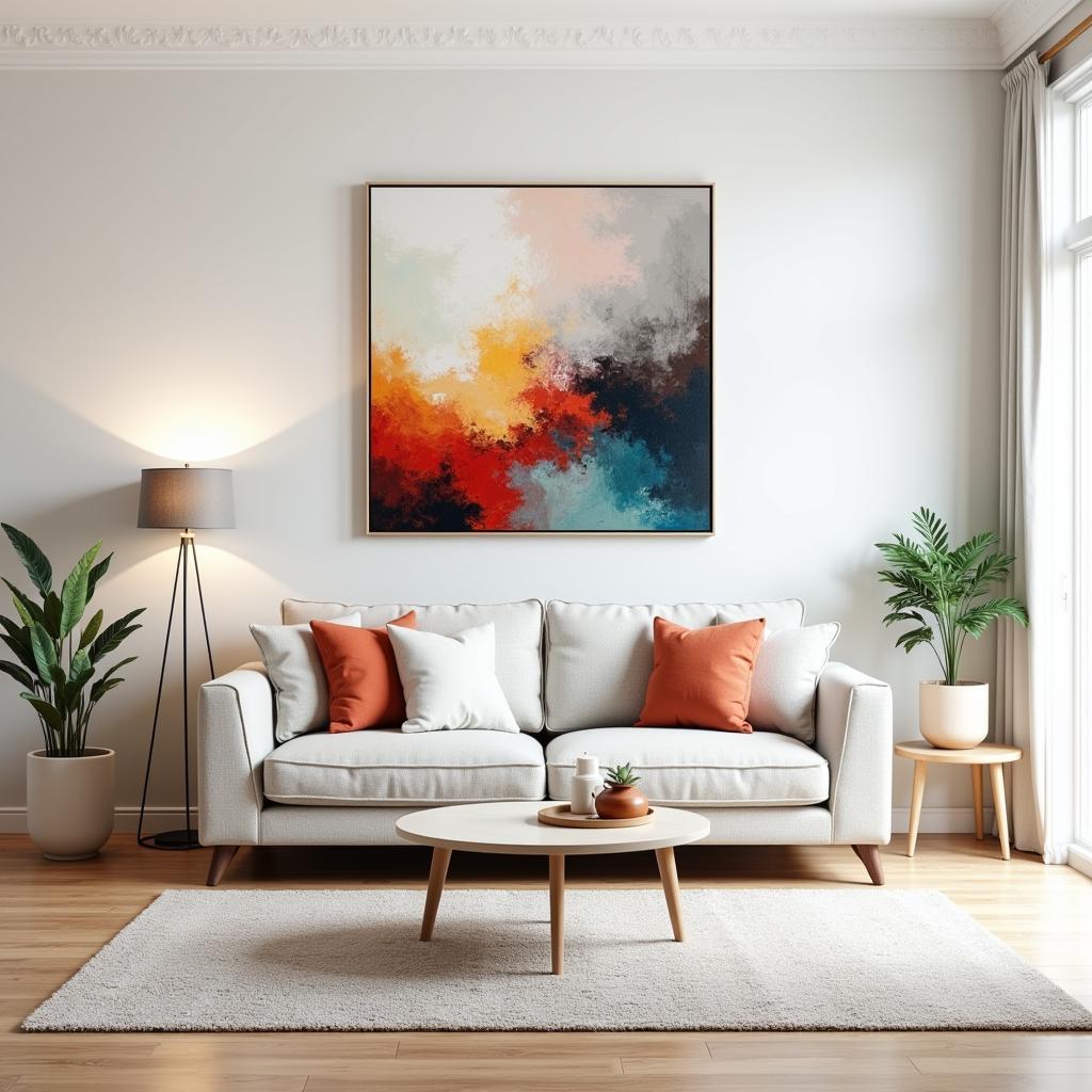 Modern living room with a large abstract painting hung above the couch