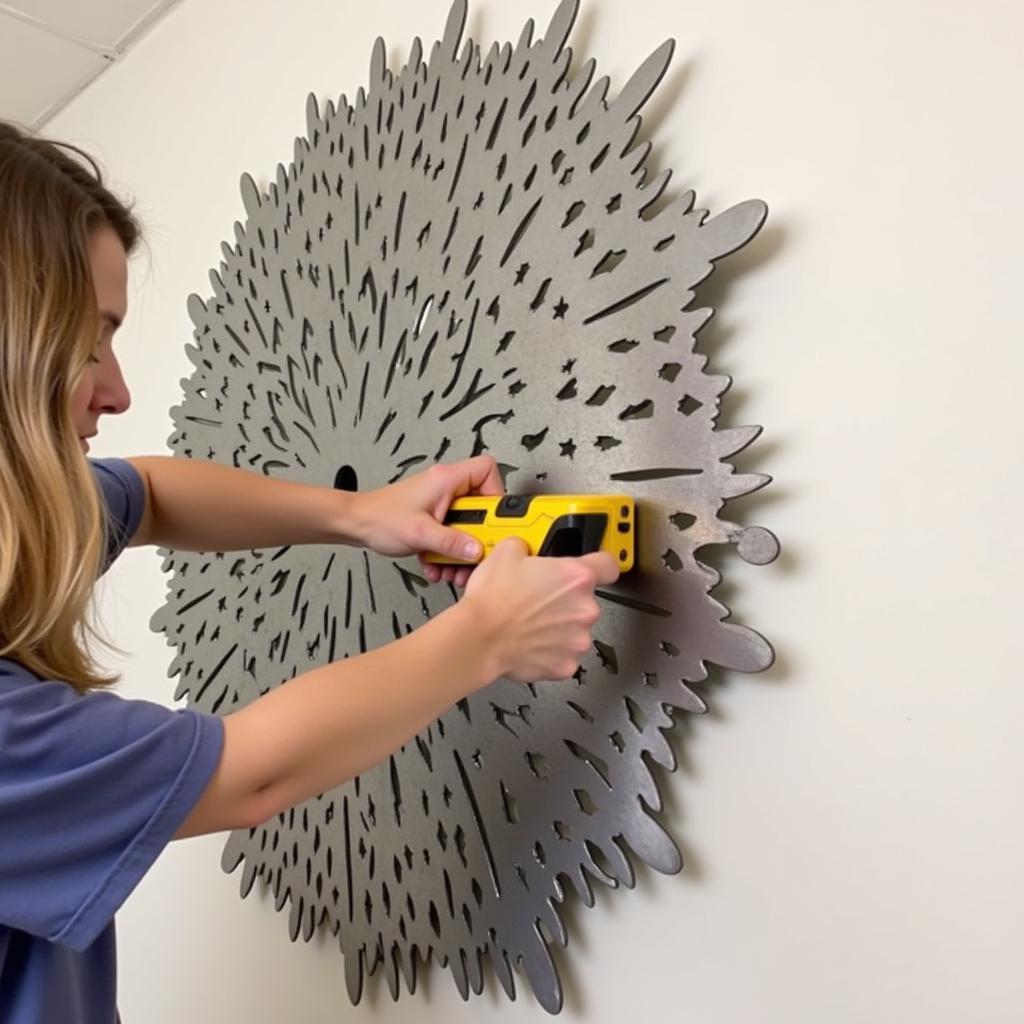 A person carefully hangs a large, abstract metal wall sculpture using heavy-duty hooks and a stud finder.