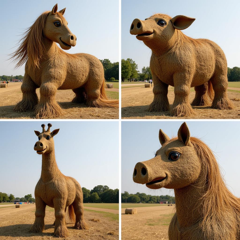 Intricate animal sculptures crafted from round hay bales.