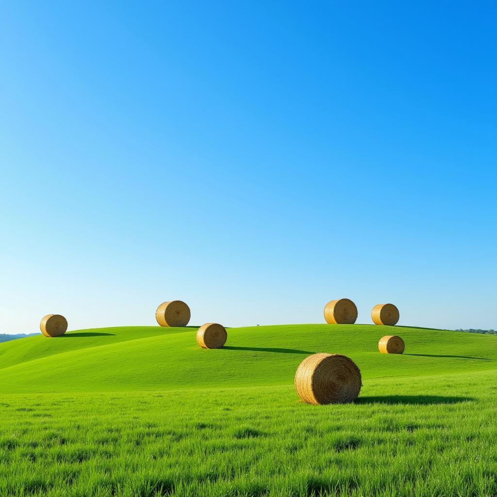 Round hay bale art installation in a farm field landscape.