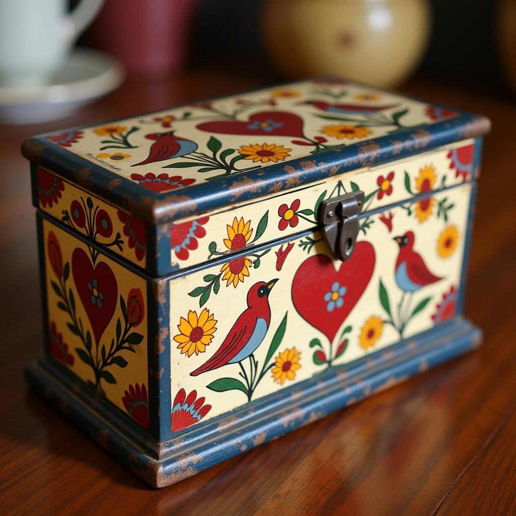 Hand-painted wooden box with heart folk art motifs