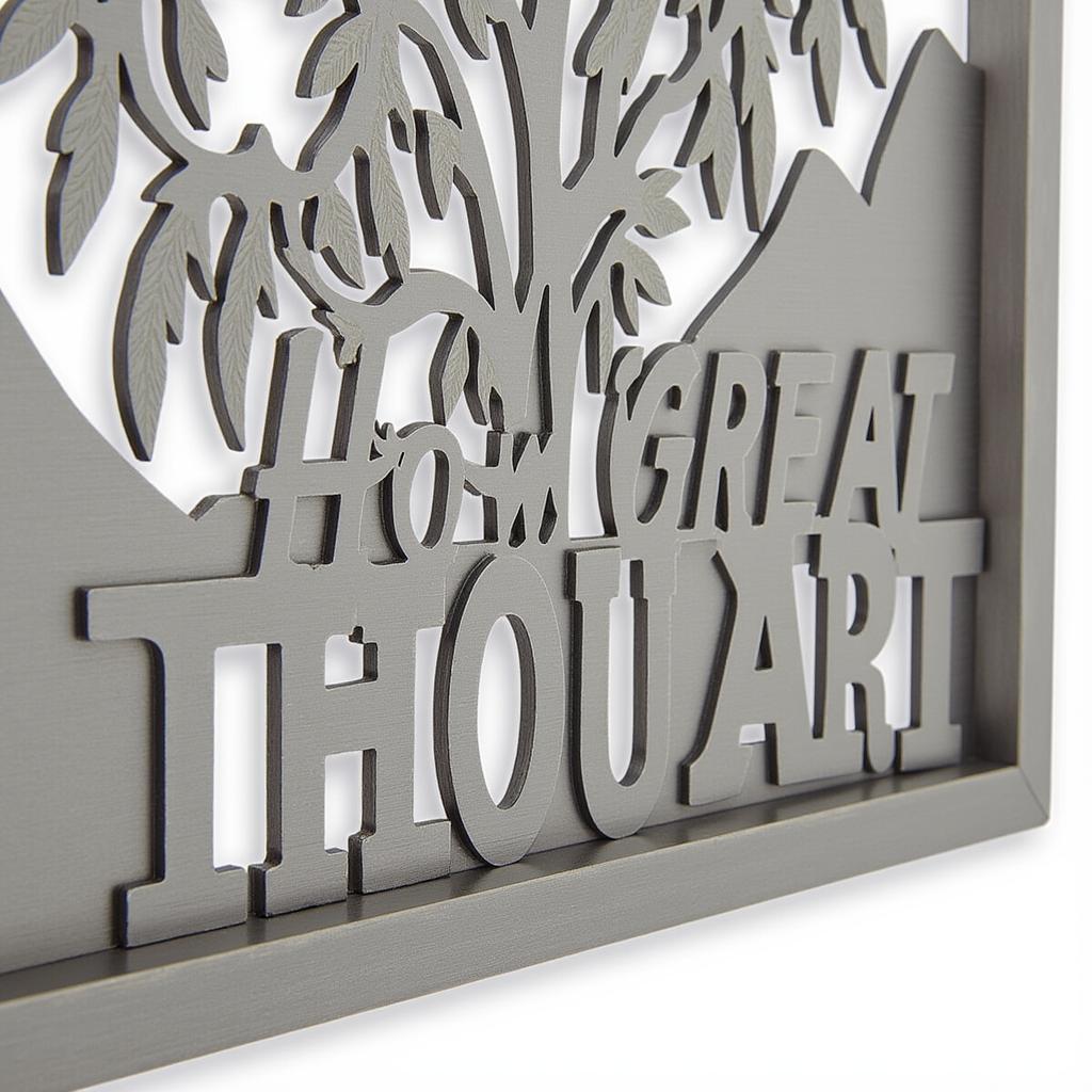 Metal wall art depicting "How Great Thou Art" theme