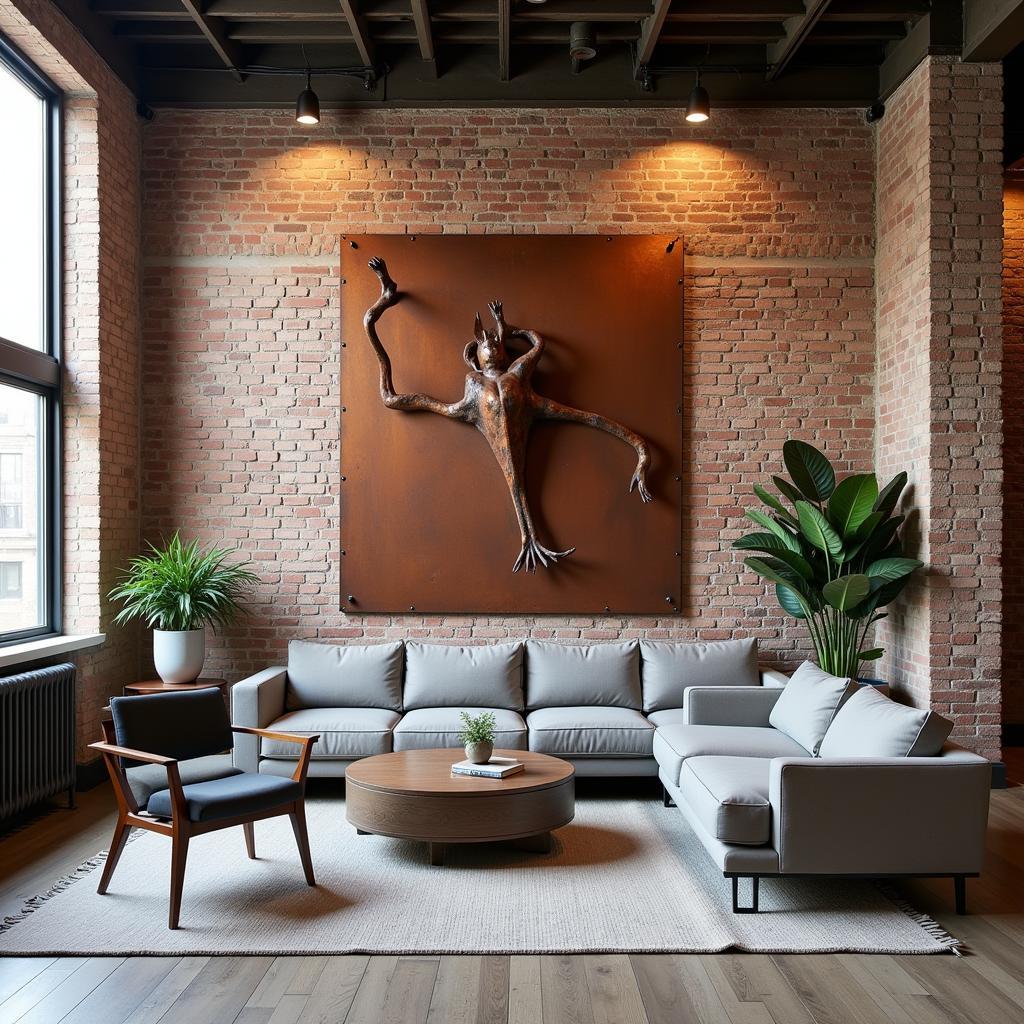 Industrial wall art in a loft apartment, showcasing metallic finishes and exposed brick