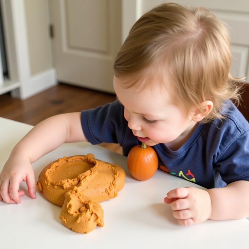 Infant playing with pumpkin spice play dough