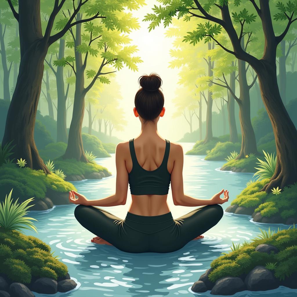 Woman meditating surrounded by calming nature-inspired artwork.