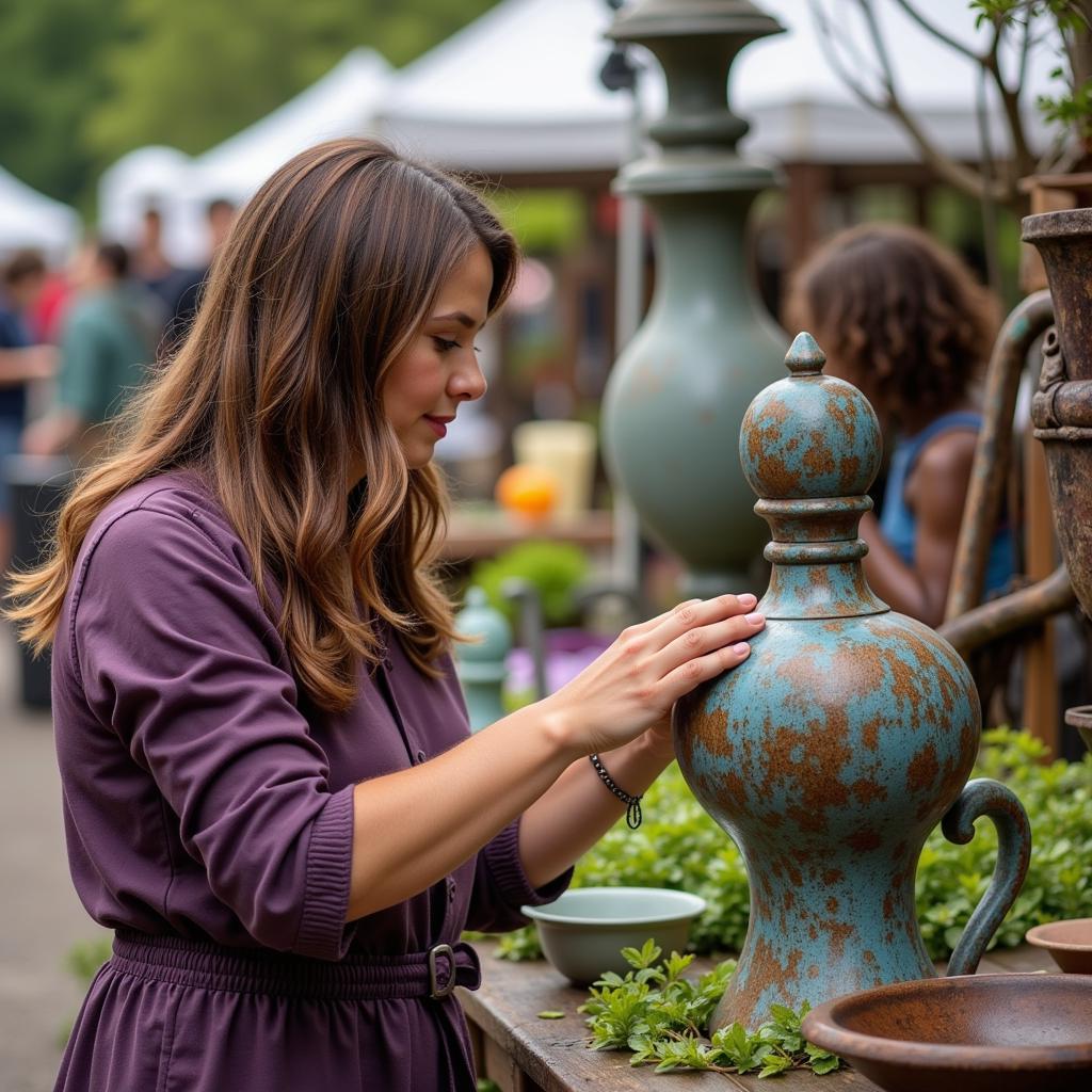 Carefully Examining Garden Art at an Outdoor Sale