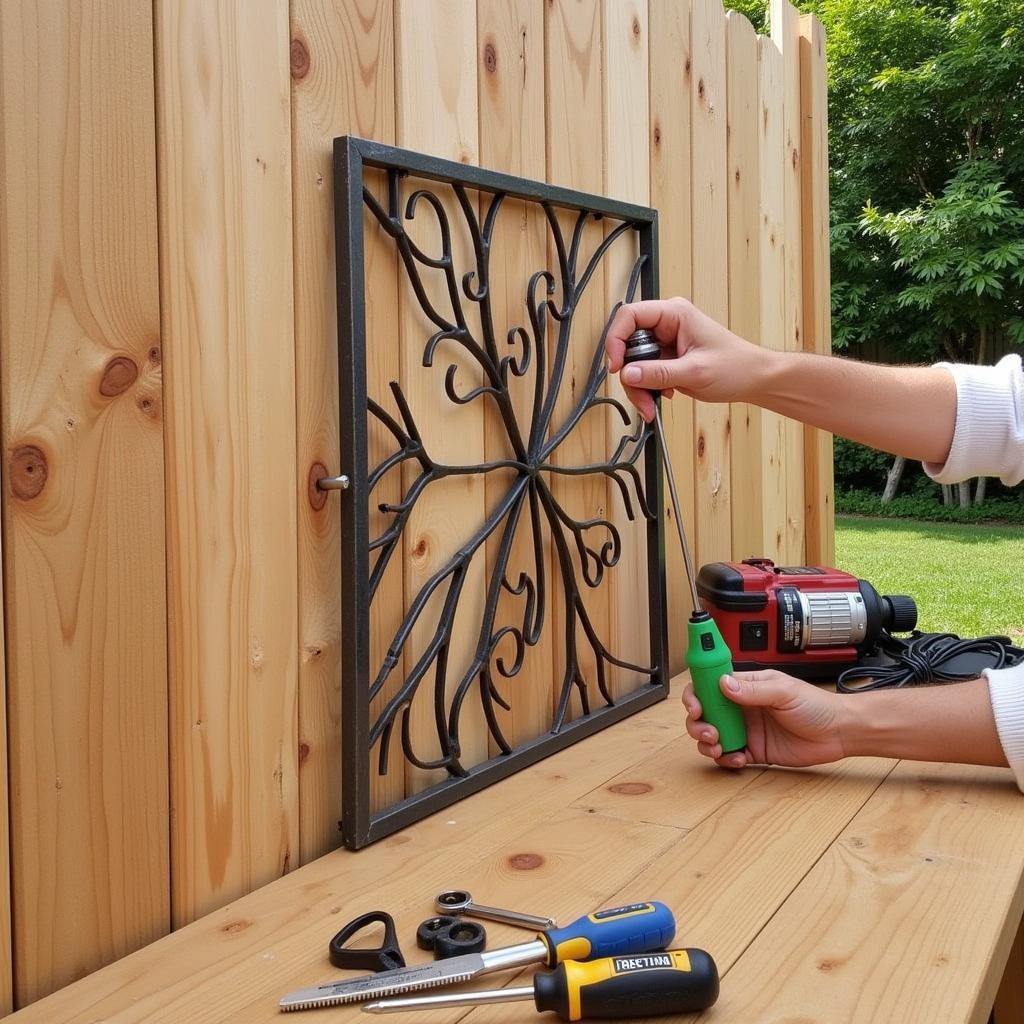 A person carefully installing a metal wall art piece onto a wooden garden fence using appropriate hardware and tools.