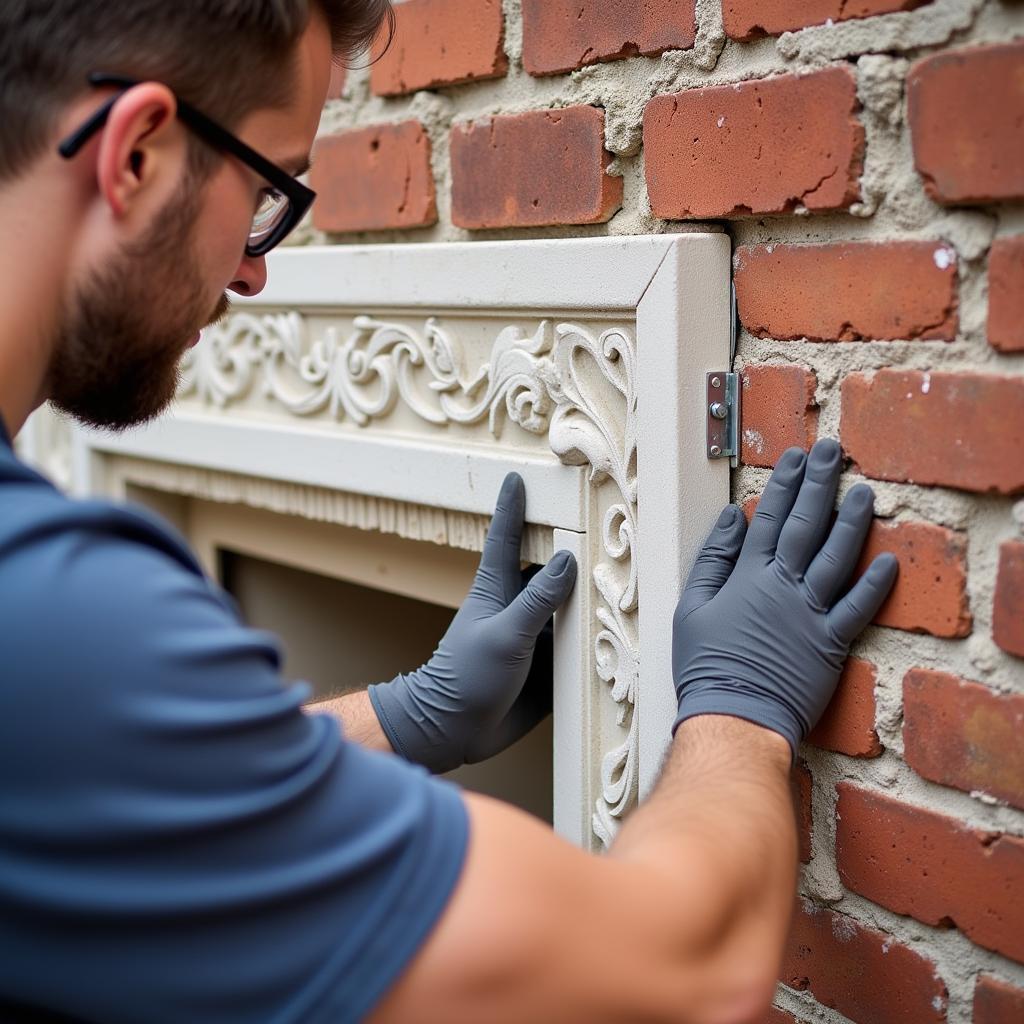 A person carefully installing a stone art piece onto an exterior wall