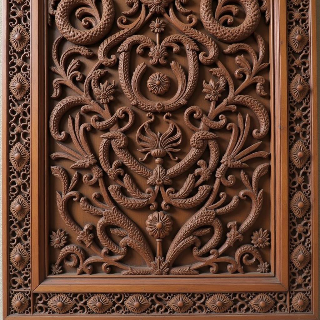 Intricate Kashmir Wood Carved Wall Panel with Traditional Motifs