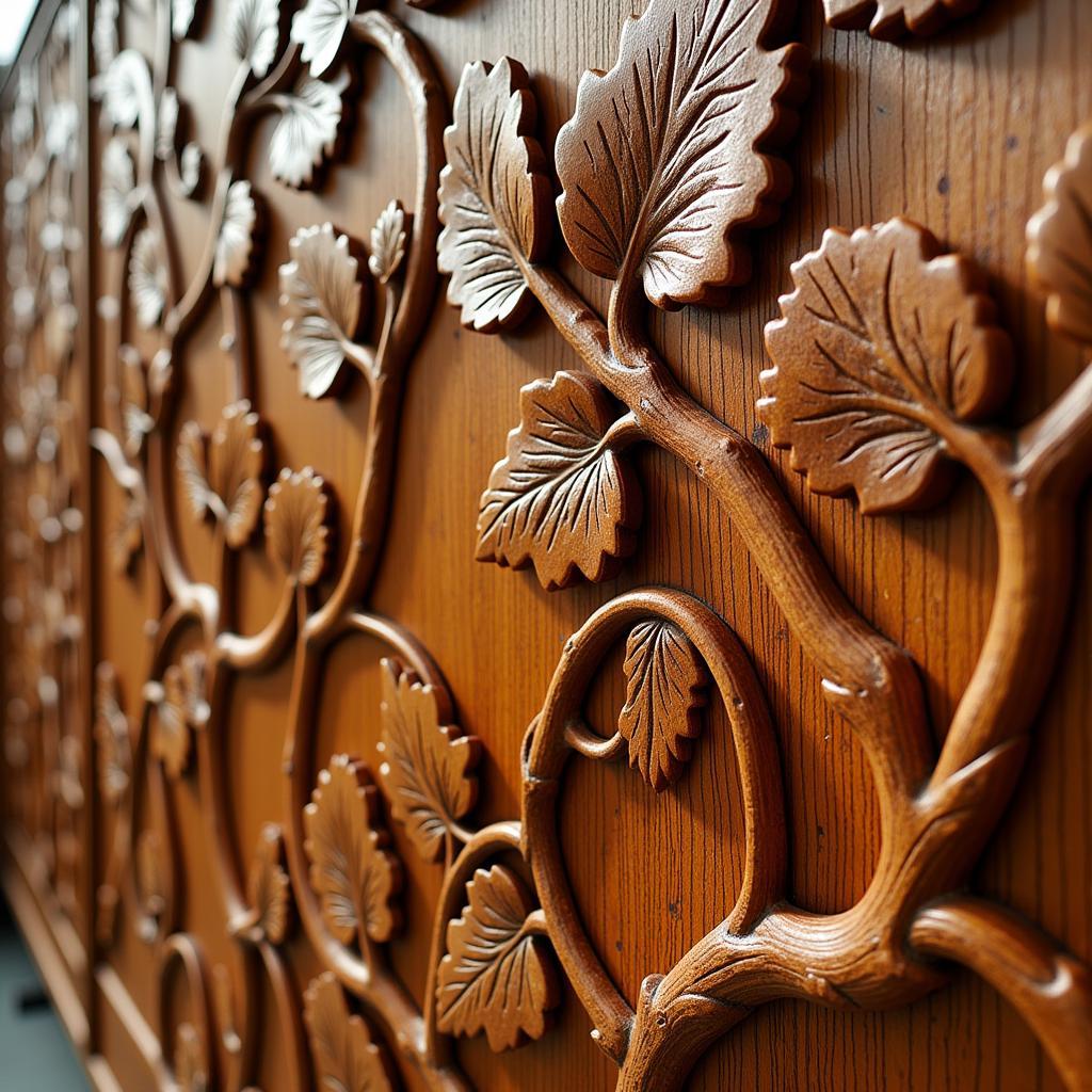 Intricate Wood Carving Wall Panel: A close-up view of a handcrafted wooden wall panel, showcasing the intricate details and craftsmanship of the carving.