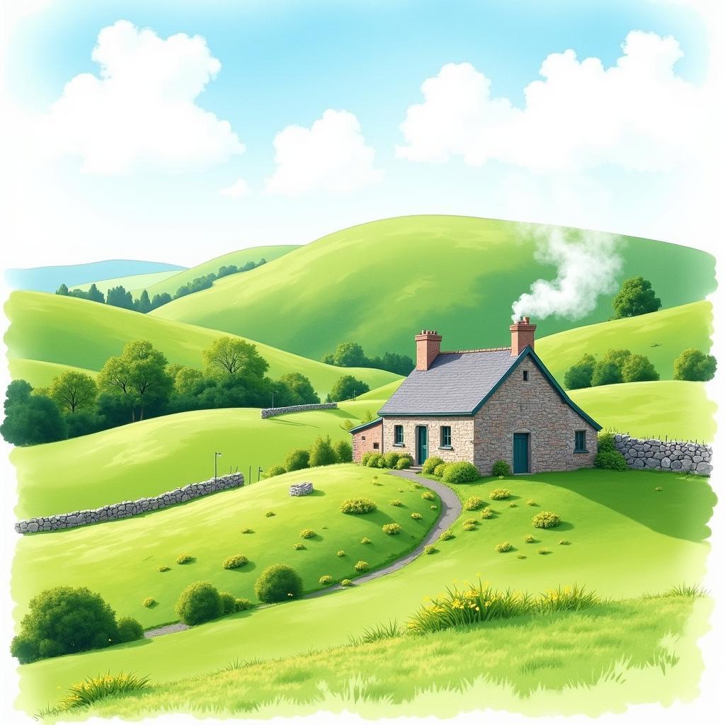 A watercolor painting of the Irish countryside, featuring rolling green hills and a stone cottage