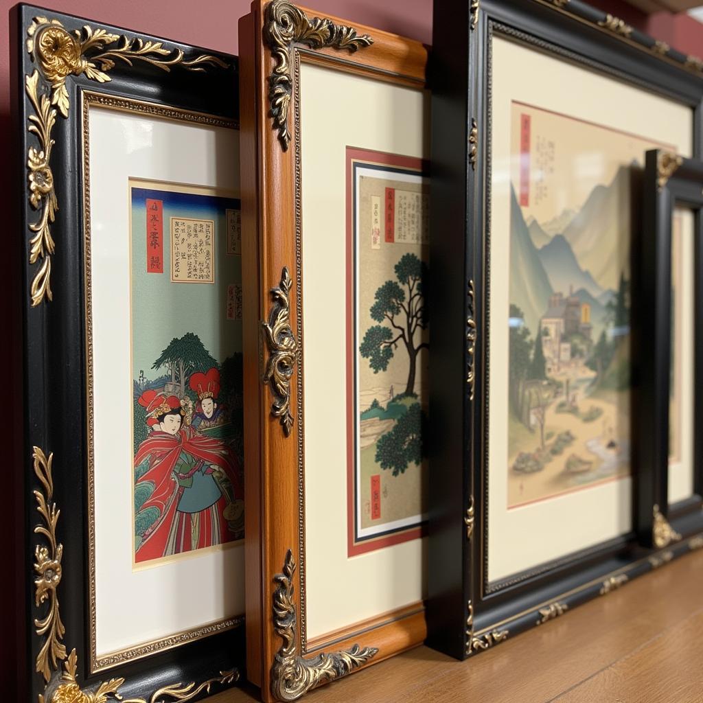 Traditional Japanese Woodblock Prints in Ornate Frames