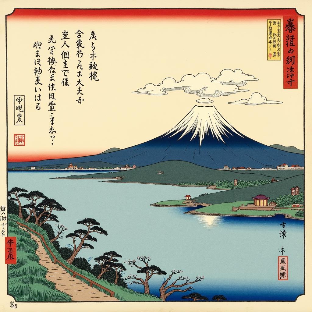 A traditional ukiyo-e woodblock print depicting a serene Japanese landscape with Mount Fuji in the background.