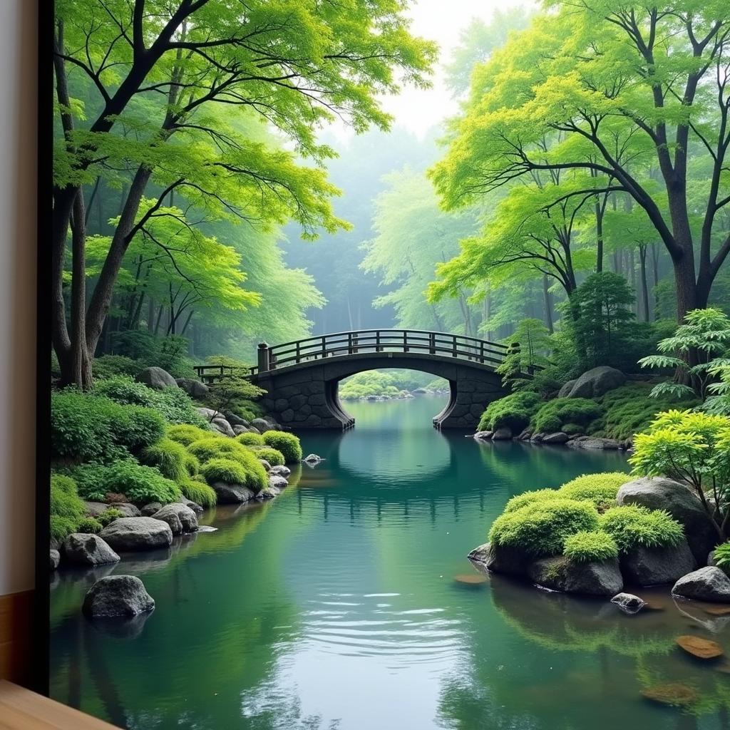 Japanese Garden Wall Art Canvas Prints: A serene landscape painting of a Japanese garden with a pond and a bridge, perfect for creating a calming atmosphere in your home.