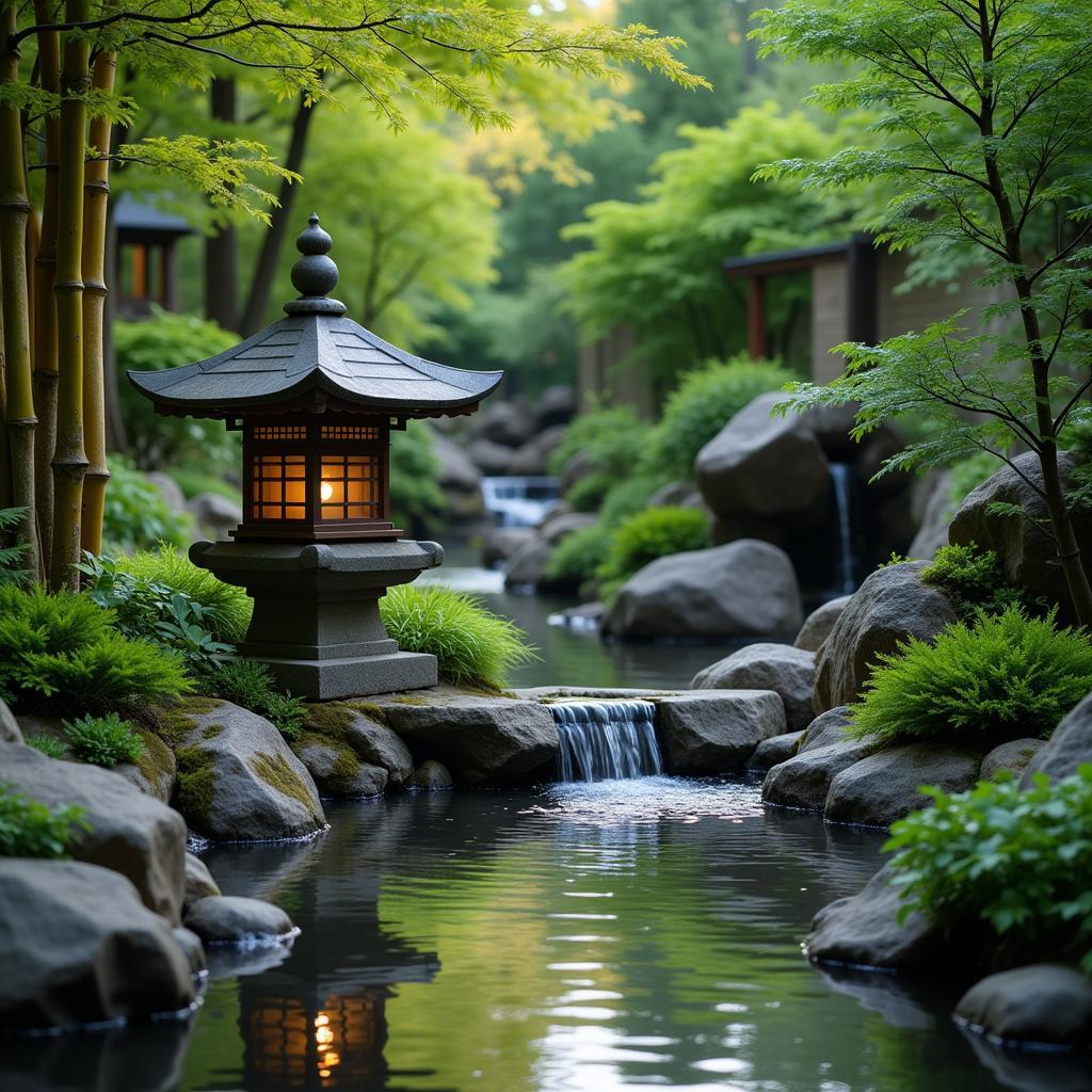 Japanese Yard Art: A Stone Lantern and Bamboo Fountain Create a Tranquil Atmosphere