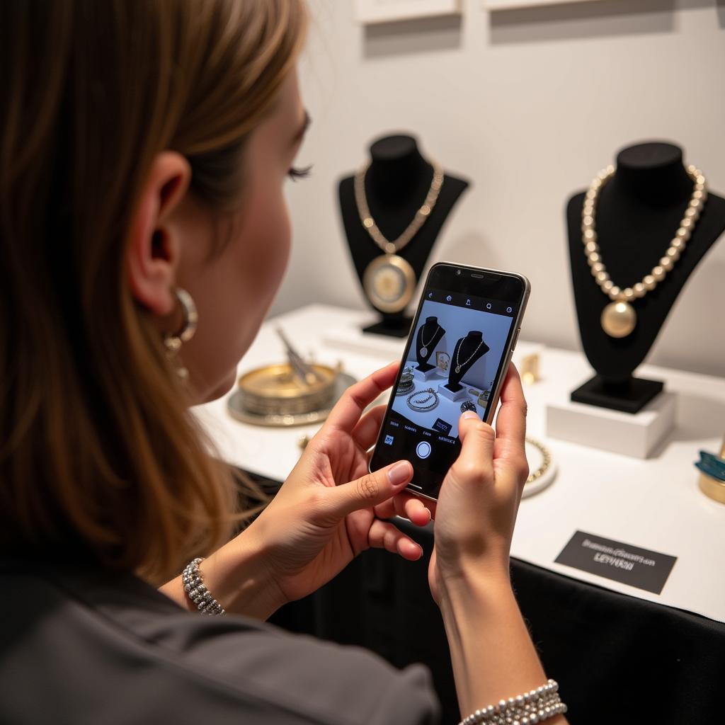 Jewelry artist using a smartphone to promote their work at an art fair on social media.