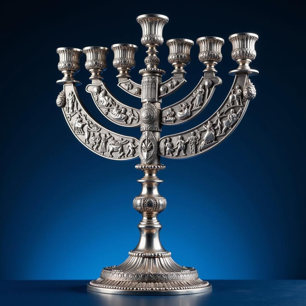 A silver menorah with intricate carvings depicting scenes from the Hanukkah story.